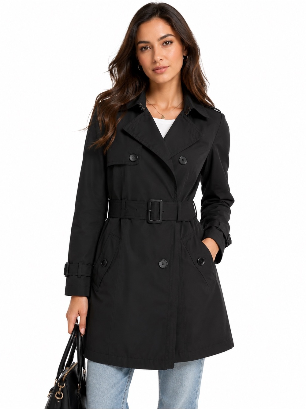 Carolina Belle Black Double-Breasted Trench Coat with Belt Size S Office